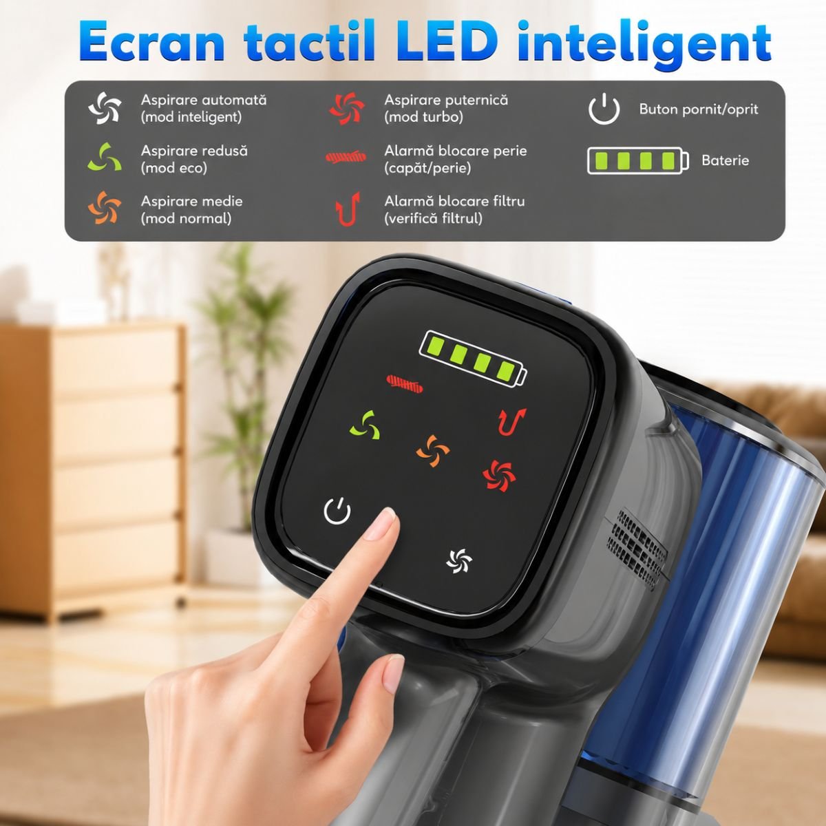 Függőleges vezeték nélküli porszívó 200W, szívóerő 30 kPa, akkumulátor 2000mAh, porgyűjtő 600ml, 3 szívási mód, LED érintőképernyő, brushless motor, LED megvilágított kefe