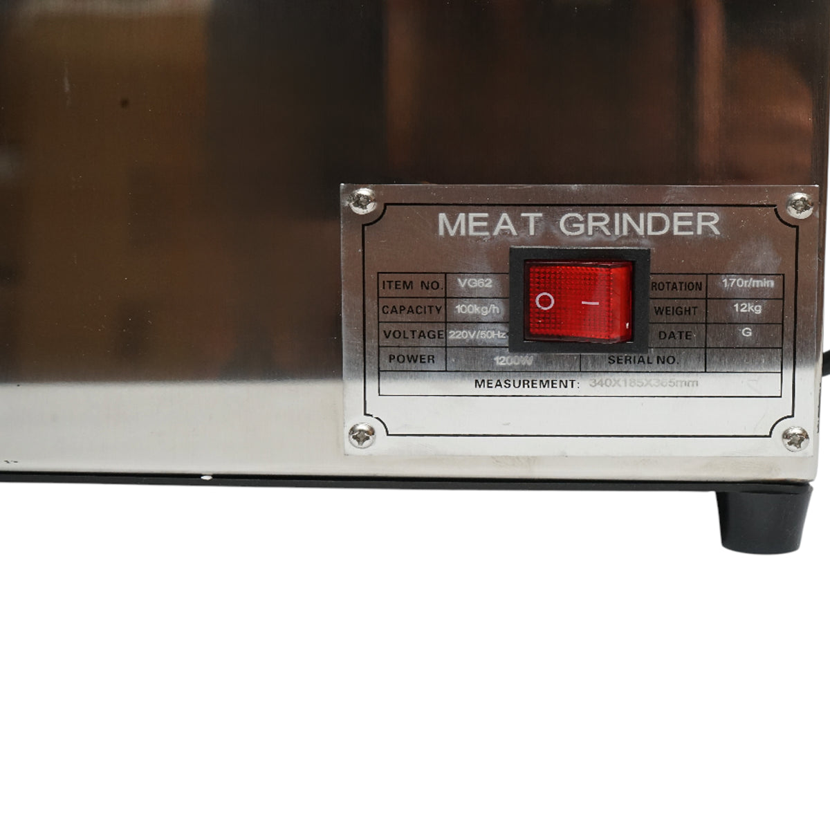 Elektromos húsdaráló rozsdamentes acél + acél 1200W, 220V, 100 kg/h kapacitás, kolbászadapter, 1 szita és 1 kés mellékelve 340x185x365mm
