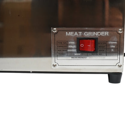 Elektromos húsdaráló rozsdamentes acél + acél 1200W, 220V, 100 kg/h kapacitás, kolbászadapter, 1 szita és 1 kés mellékelve 340x185x365mm