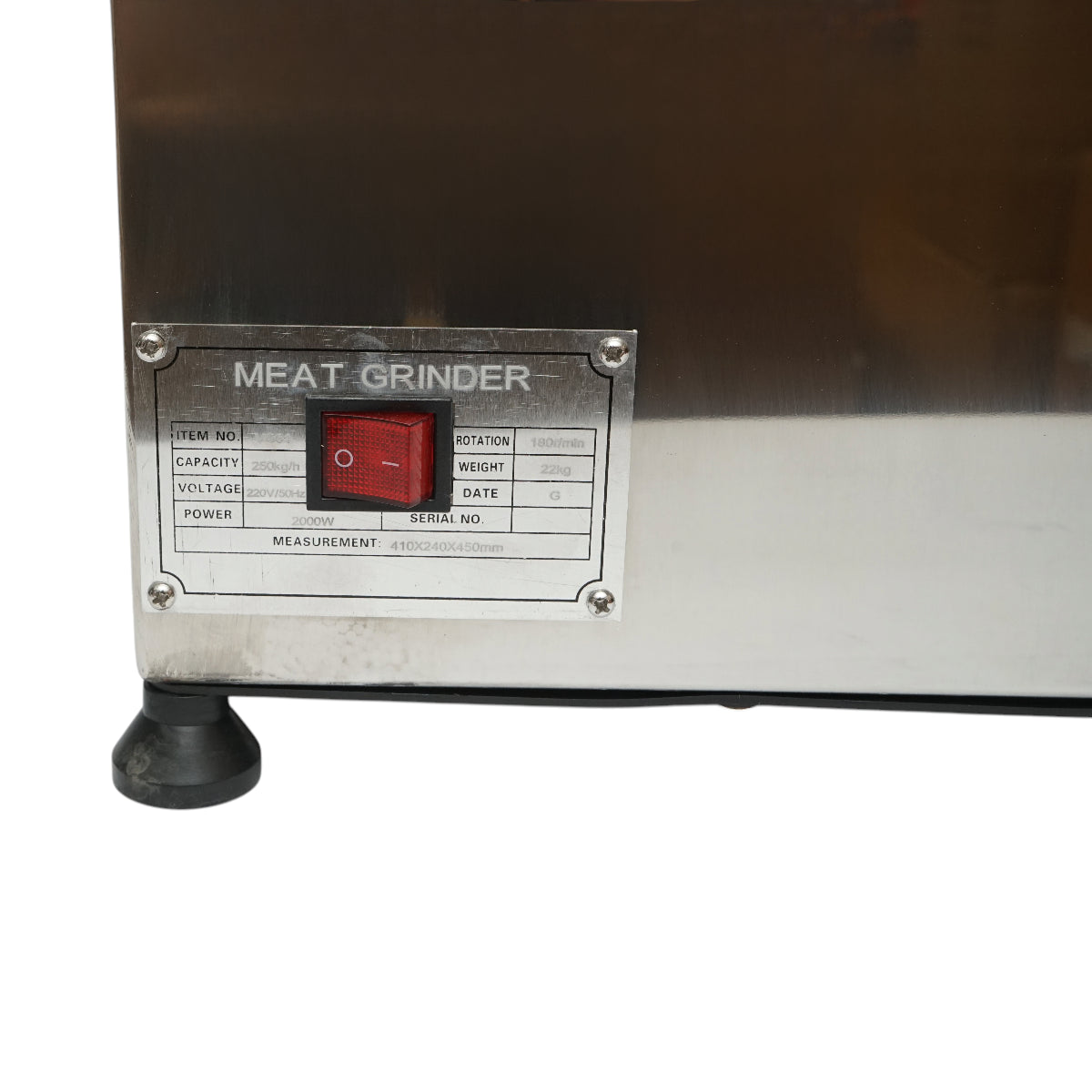 Elektromos húsdaráló rozsdamentes acél 2000W, 220V, 250 kg/h kapacitás, kolbászadapter, 1 szita és 1 kés mellékelve 410x240x450mm