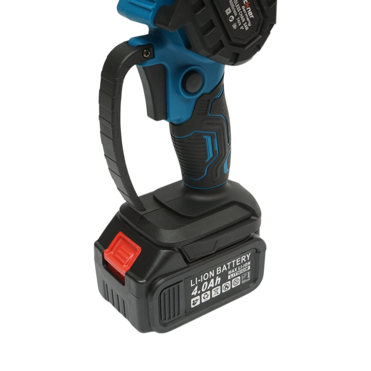 Mini elektromos fűrész 2 db 24V, 4Ah Li-ion akkumulátorral, 8 inch (200mm) lánc, 4000rpm fordulatszám Breckner Germany