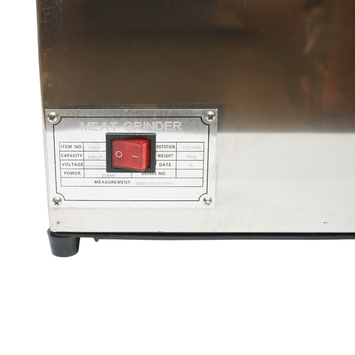 Elektromos húsdaráló rozsdamentes acél 1600W, 220V, 150 kg/h kapacitás, kolbászadapter, 1 szita és 1 kés mellékelve 380x210x415mm