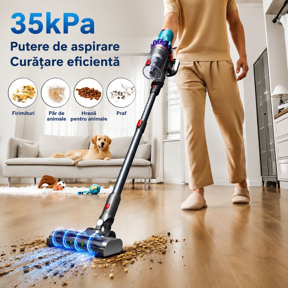 Függőleges vezeték nélküli porszívó 300W, szívóerő 35 kPa, akkumulátor 2000mAh, porgyűjtő 800ml, 3 szívási mód, LED érintőképernyő, brushless motor, LED megvilágított kefe