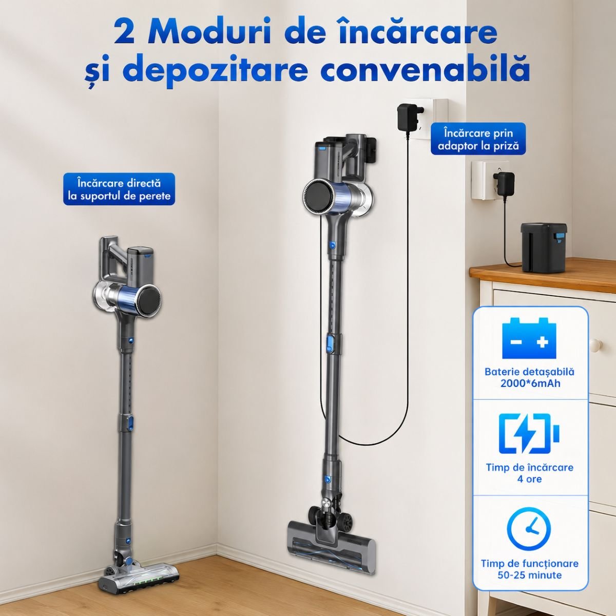 Függőleges vezeték nélküli porszívó 200W, szívóerő 30 kPa, akkumulátor 2000mAh, porgyűjtő 600ml, 3 szívási mód, LED érintőképernyő, brushless motor, LED megvilágított kefe