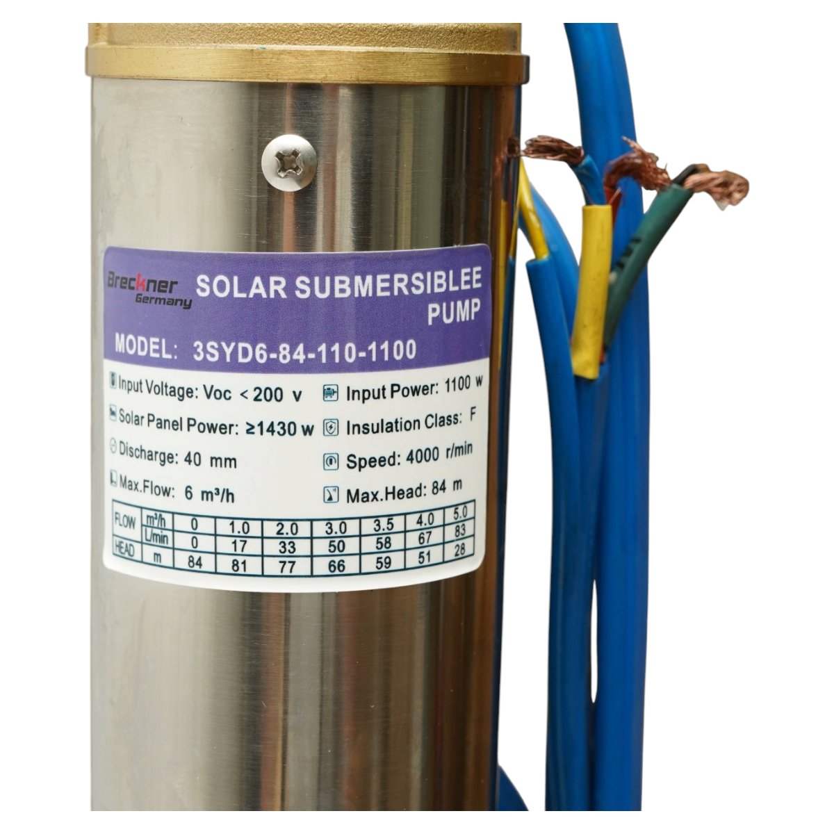 Napelemes merülő vízpumpa rozsdamentes acél 1100W, 110V, D76mm, teljesítmény 6 m3/h, Brushless, MPPT vezérlő, 84m szállítási magasság 3SYD6-84-110-1100 Breckner Germany