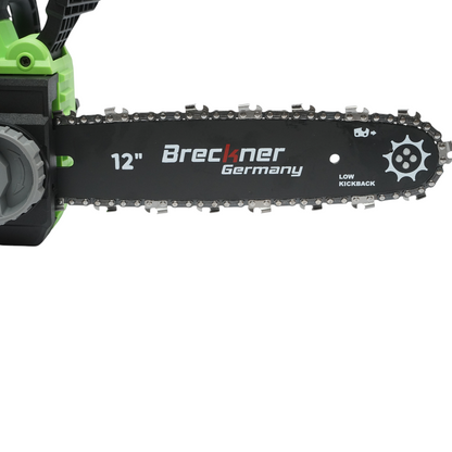 Professzionális elektromos láncfűrész 2 darab 20V, 4Ah Li-ion akkumulátorral, brushless motor, LED digitális kijelző, 12 inch (300mm) lánc Breckner Germany