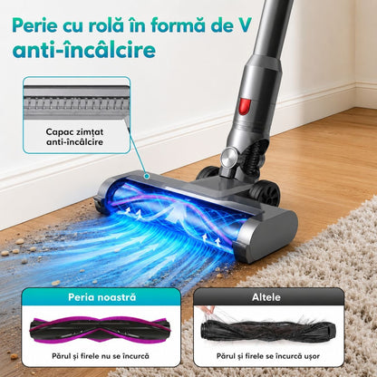 Függőleges vezeték nélküli porszívó 300W, szívóerő 35 kPa, akkumulátor 2000mAh, porgyűjtő 800ml, 3 szívási mód, LED érintőképernyő, brushless motor, LED megvilágított kefe