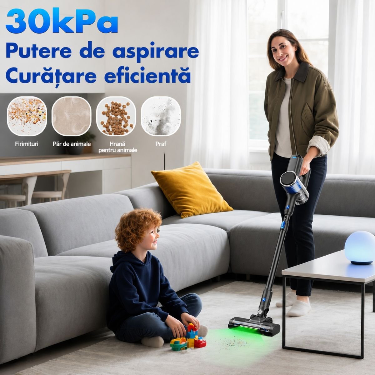 Függőleges vezeték nélküli porszívó 200W, szívóerő 30 kPa, akkumulátor 2000mAh, porgyűjtő 600ml, 3 szívási mód, LED érintőképernyő, brushless motor, LED megvilágított kefe