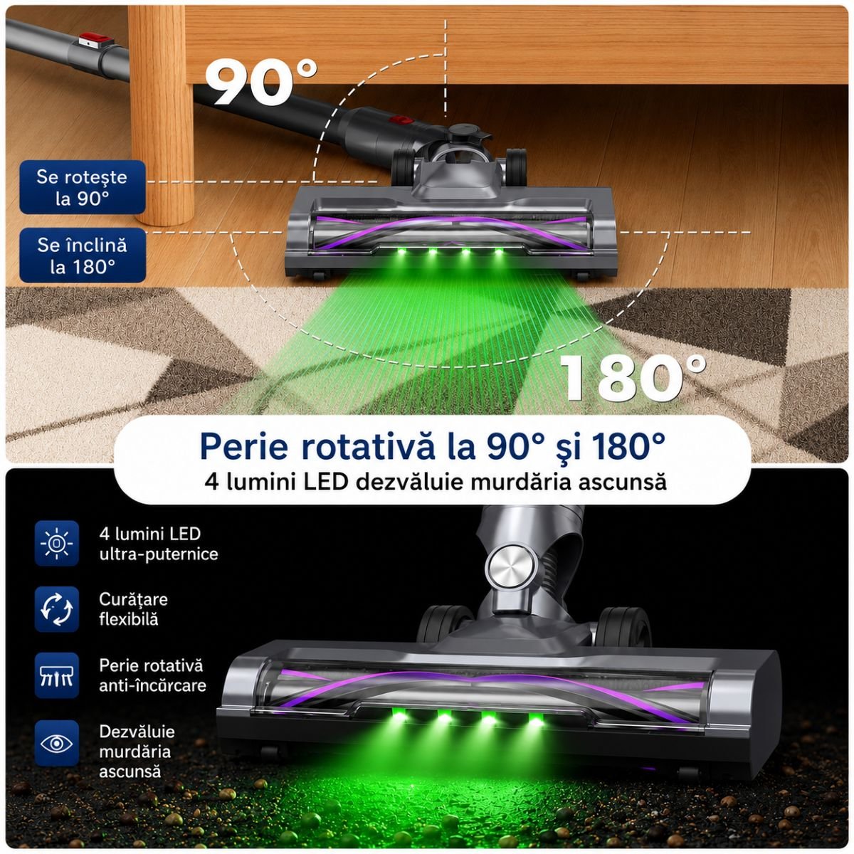 Függőleges vezeték nélküli porszívó 300W, szívóerő 35 kPa, akkumulátor 2000mAh, porgyűjtő 800ml, 3 szívási mód, LED érintőképernyő, brushless motor, LED megvilágított kefe