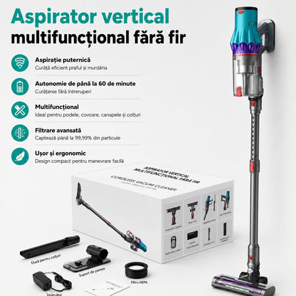 Függőleges vezeték nélküli porszívó 300W, szívóerő 35 kPa, akkumulátor 2000mAh, porgyűjtő 800ml, 3 szívási mód, LED érintőképernyő, brushless motor, LED megvilágított kefe