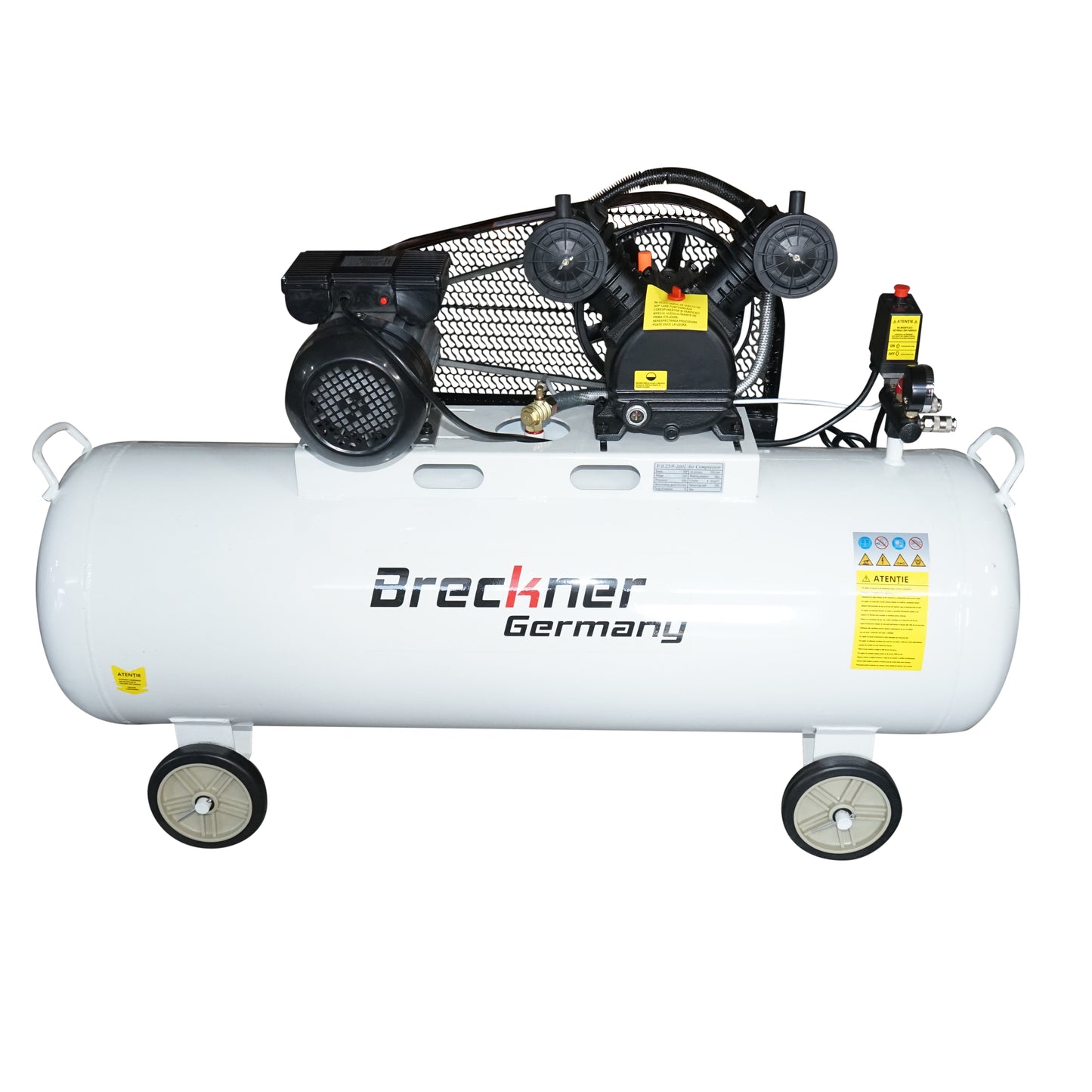 200 literes szíjhajtású légkompresszor, 2,2 kW/3 LE V-twin motor, maximális nyomás 8 bar, levegőbeömlési térfogat 325 l/perc Breckner Germany