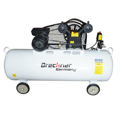 200 literes szíjhajtású légkompresszor, 2,2 kW/3 LE V-twin motor, maximális nyomás 8 bar, levegőbeömlési térfogat 325 l/perc Breckner Germany
