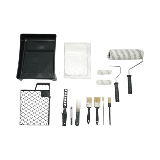 Festés és meszelés szett poliészter trafaretekkel 10cm, 25cm, 4 ecset, spatula, keverő, festéktálca, rács, védőfólia, vágó 15 részes Breckner Germany