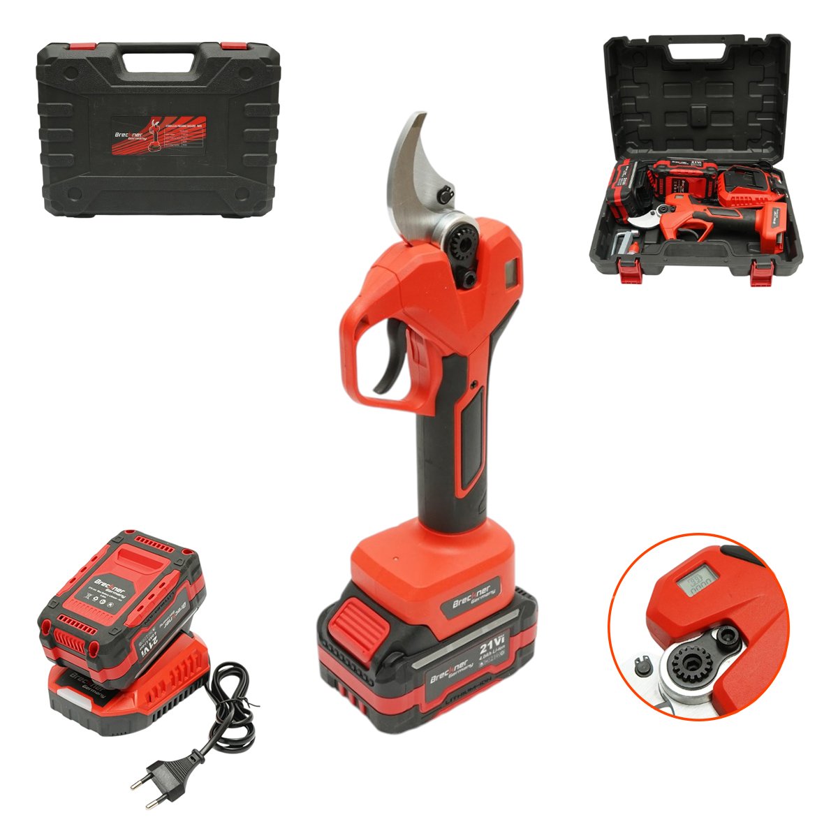 Elektromos metszőolló , kertészeti olló 500W 2 db 21V, 4Ah Li-Ion akkumulátorral, Brushless, digitális kijelző, max vágási átmérő 40mm Breckner Germany
