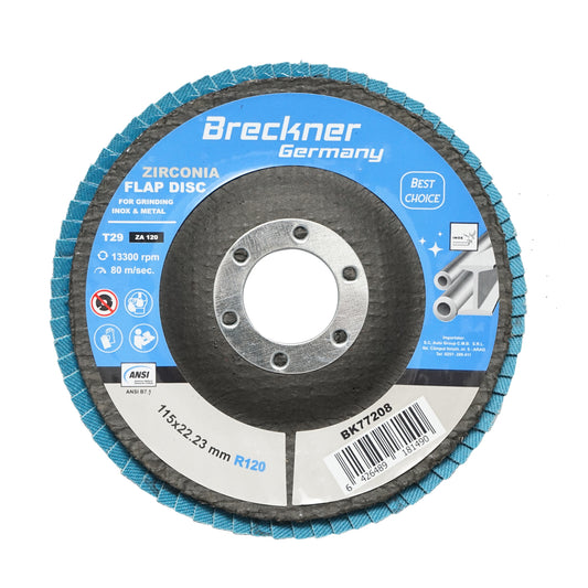 Cirkónium-dioxid csiszolókorong fém és rozsdamentes acél vágásához és polírozásához P120, 115mm Breckner Germany