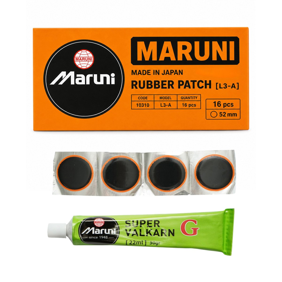 16 darabos Ø52mm vulkanizálási folt készlet + 1 tubus Super Valcarn G 22ml ragasztó légtömlőkhöz L3-A Maruni made in Japan
