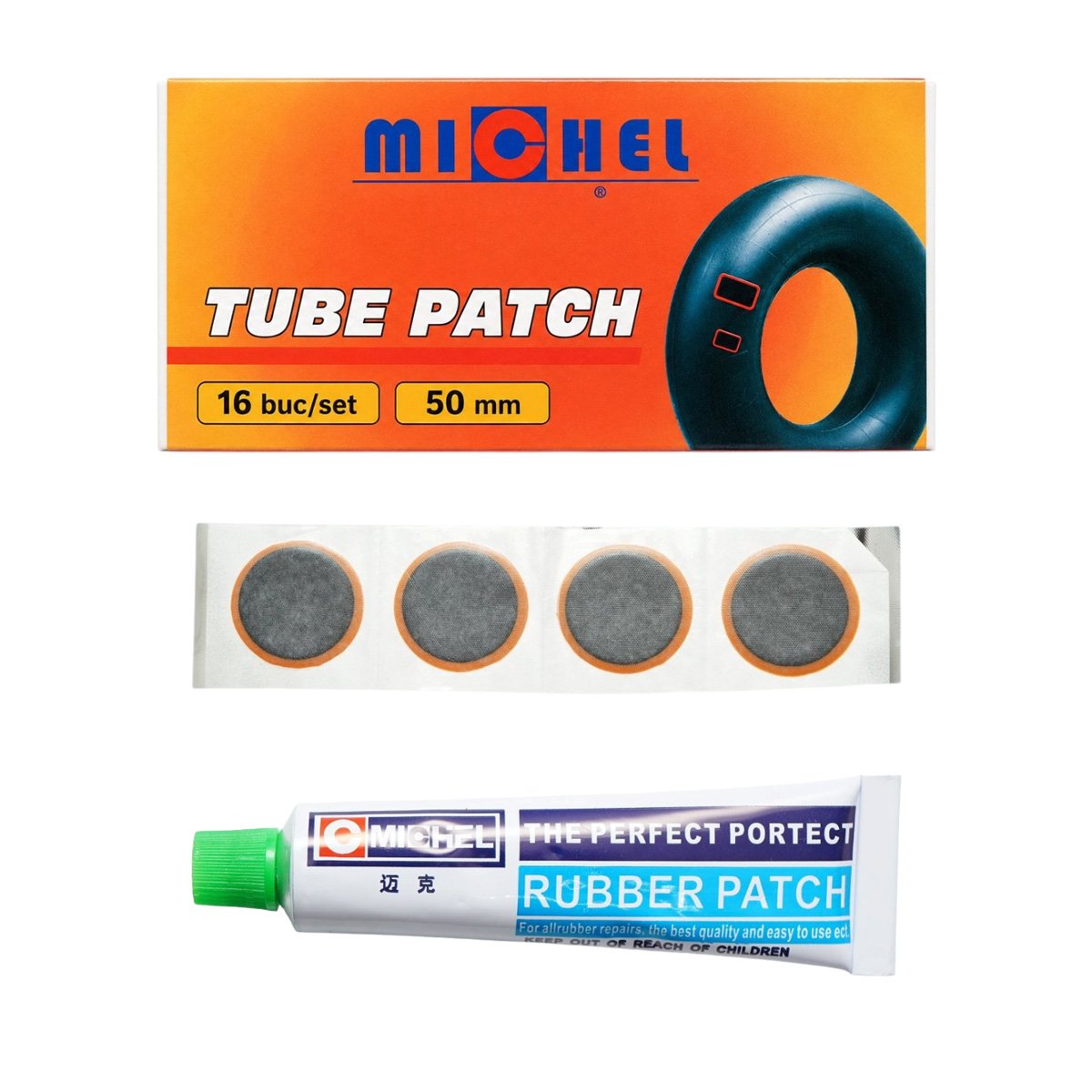 16 darabos 50mm-es kerek vulkanizálási folt szett + 1 db 20ml-es ragasztó tubus Michel légkamrához