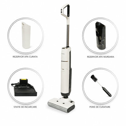 Függőleges vezeték nélküli porszívó moppal 200W, szívóerő 18000Pa, akkumulátor 5000mAh, víztartály 2x600ml, hangfunkció, digitális kijelző Breckner Germany