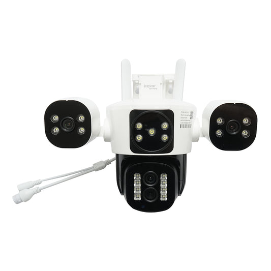 4 objektíves megfigyelő kamera, 3 16 MP objektív, WIFI 2.4GHz, 360 fokos PTZ forgatás mozgásérzékelővel, 10X zoom, riasztás, IR éjjellátó, emberérzékelés és IPC360 Home alkalmazás.