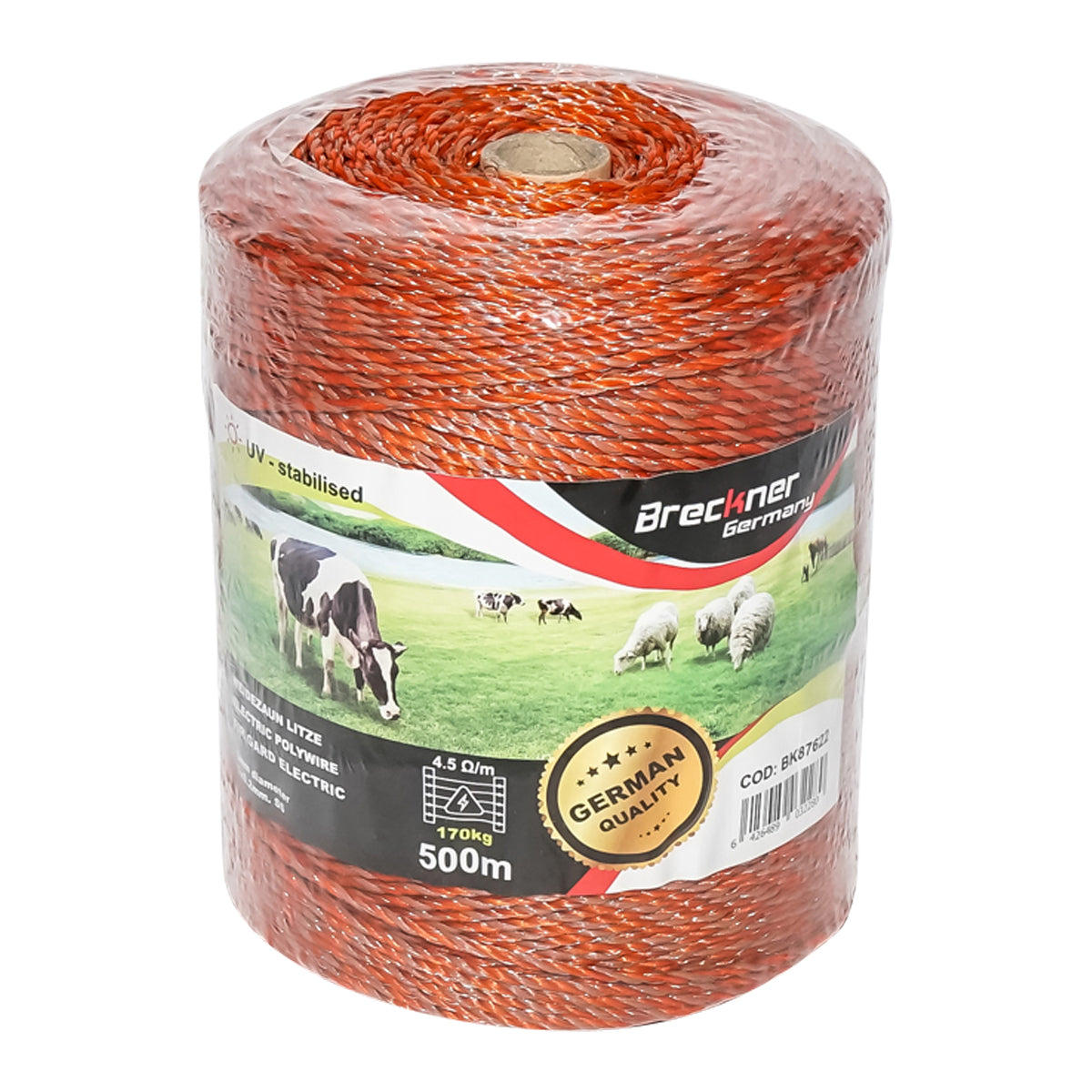 Narancssárga-barna cérna orsó fi 3mm 5x0.2mm SS, ellenállás 4.5 Ohm/m, 500m elektromos kerítés Breckner Germany