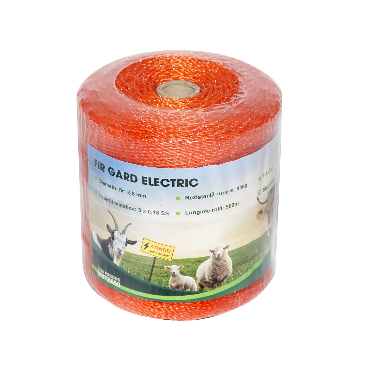 Narancssárga huzal tekercs, 2,5 mm-es menet, fém betét 3x0,15 mm SS, ellenállás 7,4 Ohm/m, 500 m elektromos kerítés Mezofarm