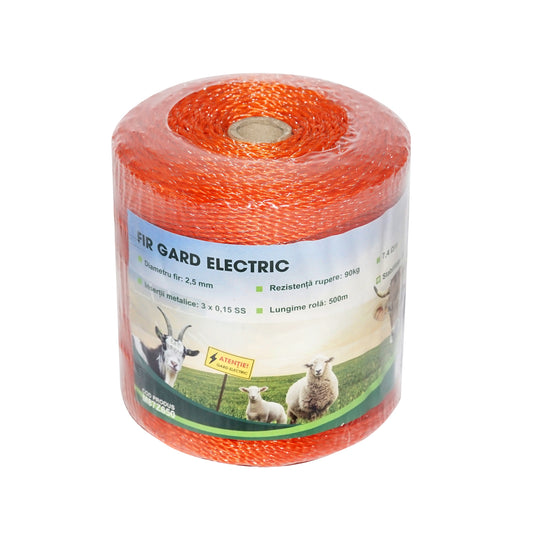 Narancssárga huzal tekercs, 2,5 mm-es menet, fém betét 3x0,15 mm SS, ellenállás 7,4 Ohm/m, 500 m elektromos kerítés Mezofarm