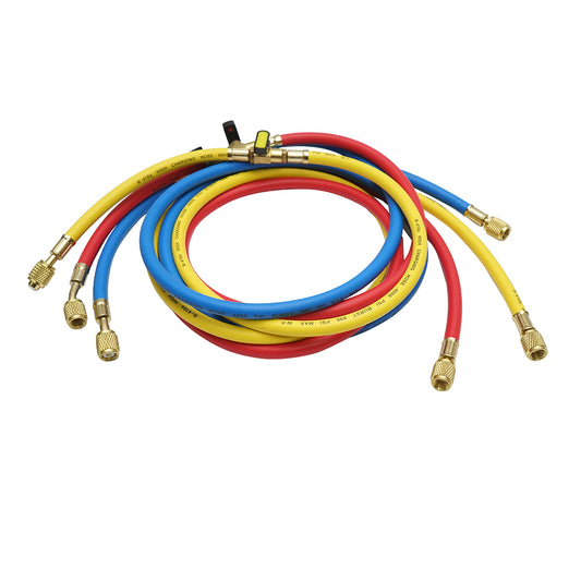 Tömlőkészlet csapolóval 180 cm 3 színű R-410a freon töltéshez