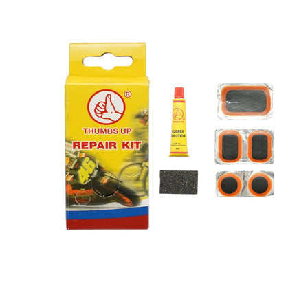 5 darabos gumiabroncs és belső gumifolt, defektjavító szett 24x35mm, 25mm, 32x50mm + csiszolópapír + 1 db 8ml ragasztó tubus