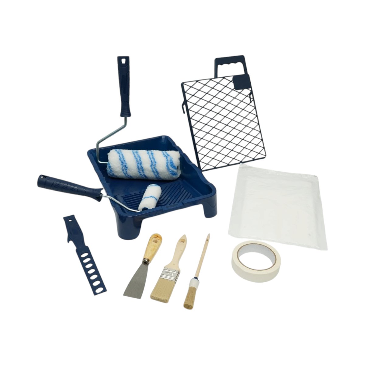 Festés és meszelés szett poliészter ecsetekkel 10cm, 18cm, 2 ecset, spatula, keverő, festéktálca, rács, védőfólia, maszkolószalag 15 részes Breckner Germany