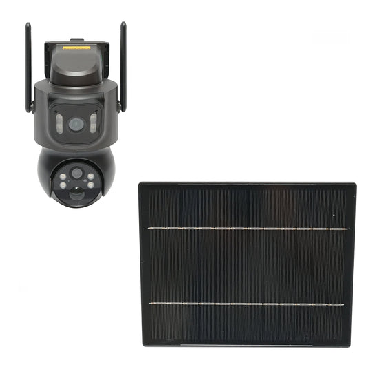4 MP-es kettős objektíves megfigyelő kamera 7,6 W-os napelemmel, 18650-es gyorstöltő akkumulátorral, WIFI 2,4 GHz, 360 fokos PTZ PTZ 360 fokos PTZ mozgásérzékelővel, emberi PIR érzékeléssel, riasztással, éjjellátással és iCSee alkalmazással.