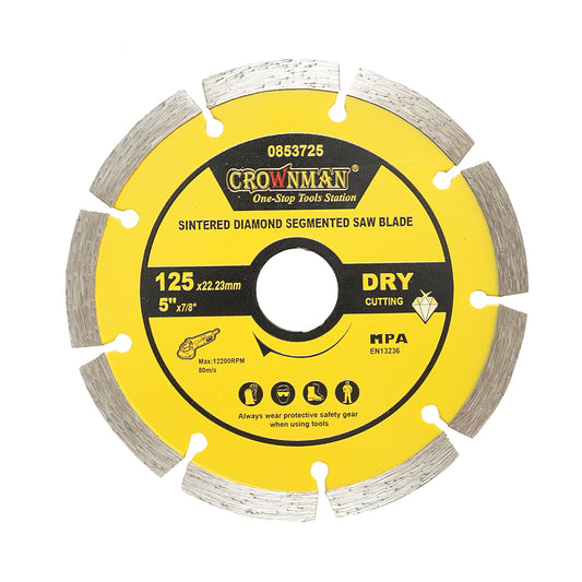 Gyémánt szegmentált tárcsa 125x22.23mm, max. fordulatszám 12200rpm, száraz vágás betonhoz, kőhöz, gránithoz, márványhoz Crownman