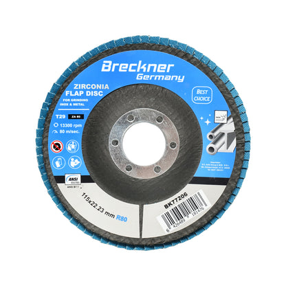 Cirkónium-dioxid csiszolókorong fémek vágásához és polírozásához, rozsdamentes acél P80, 115mm Breckner Germany