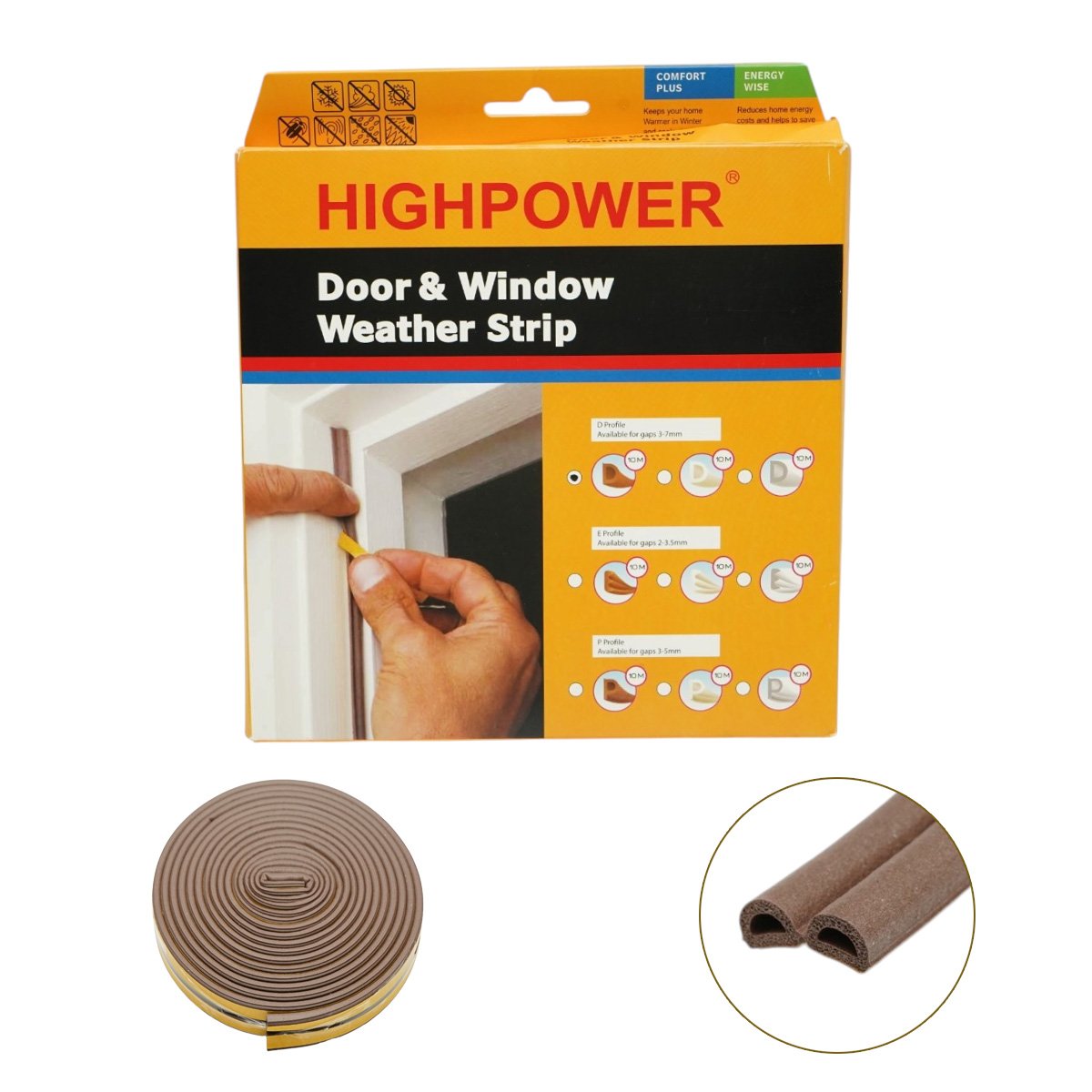 Ajtó- és ablakzáró szalag barna öntapadó 10m, D profil 3-7mm, EPDM HighPower