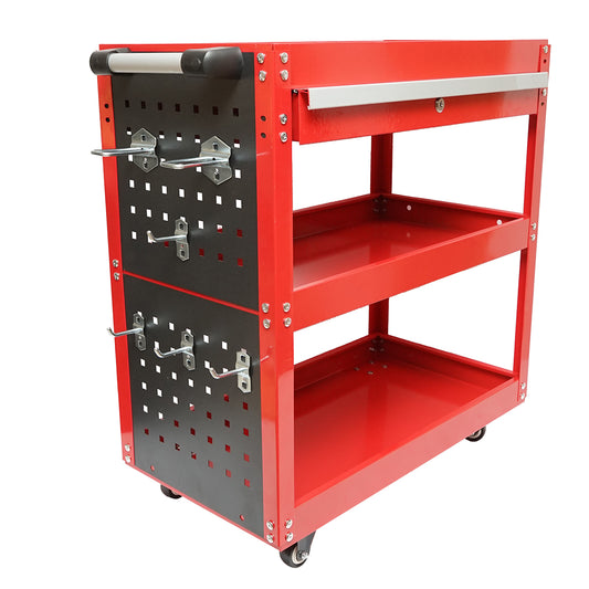 Kerekes fém kocsi 3 polccal, támasztékkal és szerszámos fiókkal 660x360x730mm