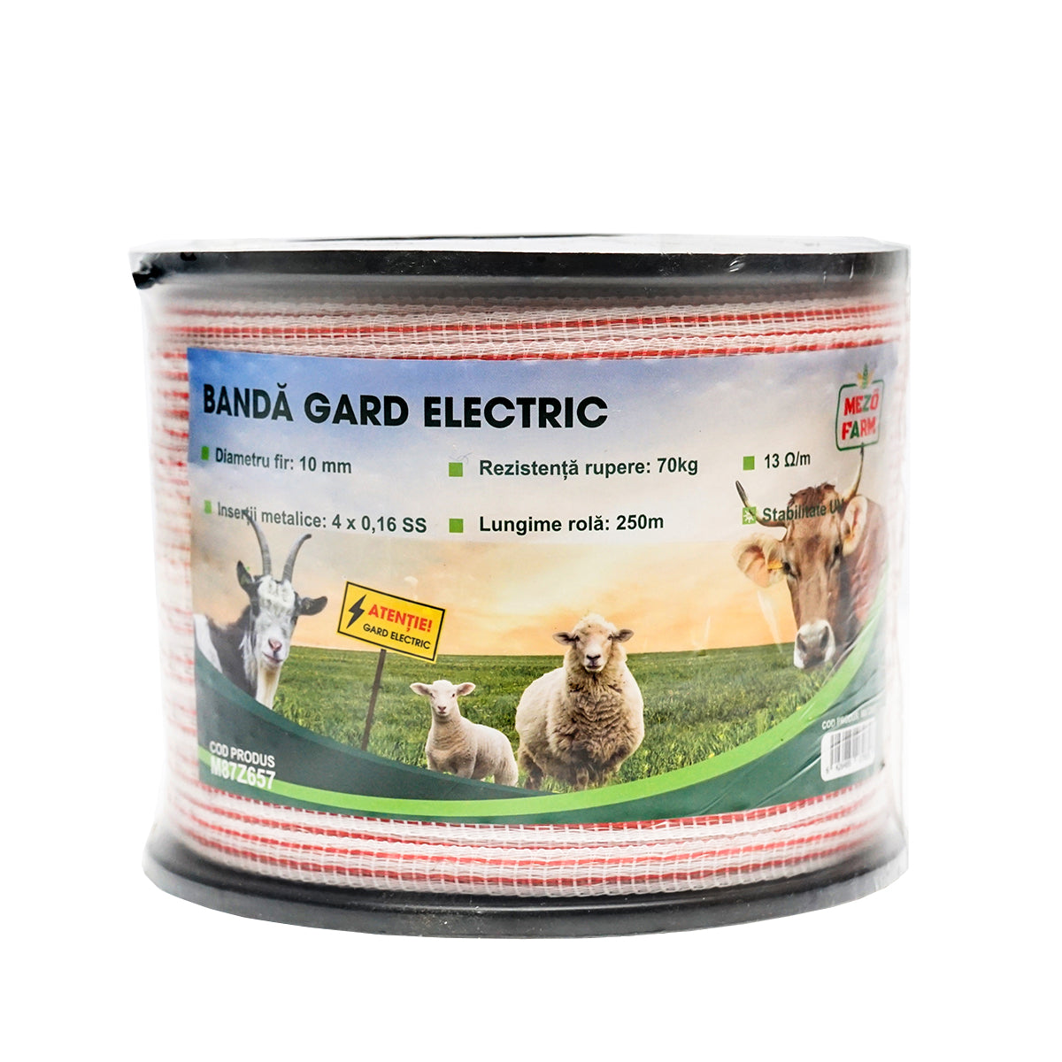 Piros-fehér 10mm piros-fehér szalag tekercs fém betét 4x0.16mm SS, ellenállás 13 Ohm/m, 250m elektromos kerítés Mezofarm