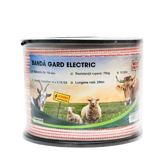 Piros-fehér 10mm piros-fehér szalag tekercs fém betét 4x0.16mm SS, ellenállás 13 Ohm/m, 250m elektromos kerítés Mezofarm