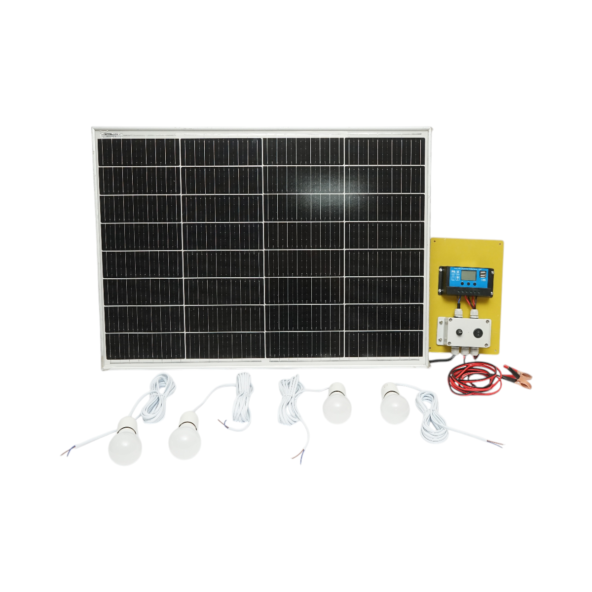 Napelem szett 75W monokristályos fotovoltaikus napelem 760x550x25mm 12-24V 4 LED izzó 9W Breckner Germany