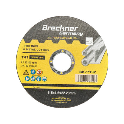 Vágó korong, rozsdamentes acél vágásához és polírozásához T41 115x1.6x22mm Breckner Germany A feltüntetett ár 1db! 10db/csomag