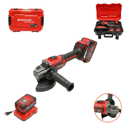 Sarokcsiszoló 1000W 2 db 21V, 4Ah Li-ion akkumulátorral, 125mm korong, brushless, elektromágneses fék, 3 fokozatú fordulatszám 5000/7000/9500rpm Breckner Germany