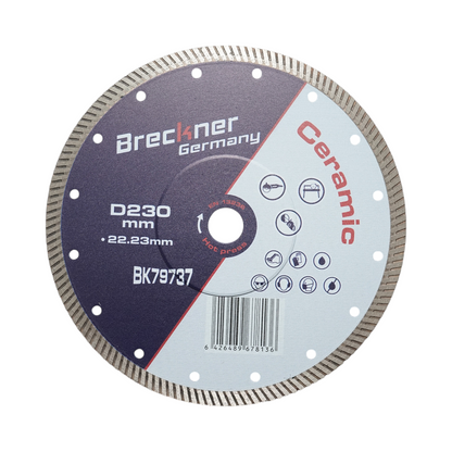 Turbó gyémánttárcsa 230x22.23mm, szegmens 10mm csempékhez, kerámia csempékhez, kemény kerámia, márvány, gránit Breckner Germany