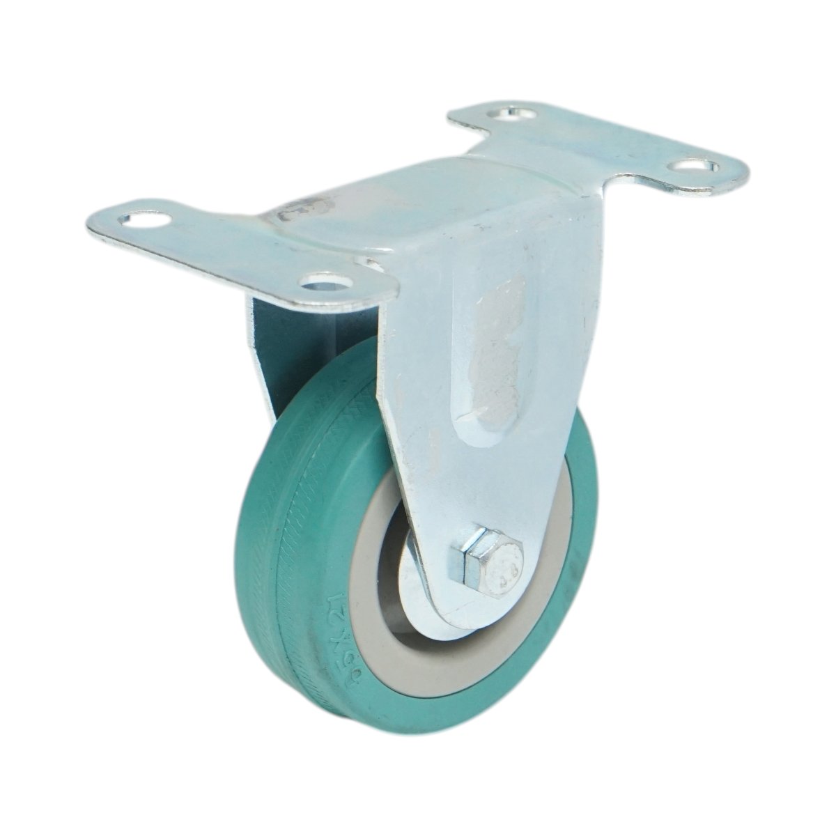 Rögzített kerék 65x19mm fék nélkül, kék tömör gumi, acél lemez 100x59mm 35kg