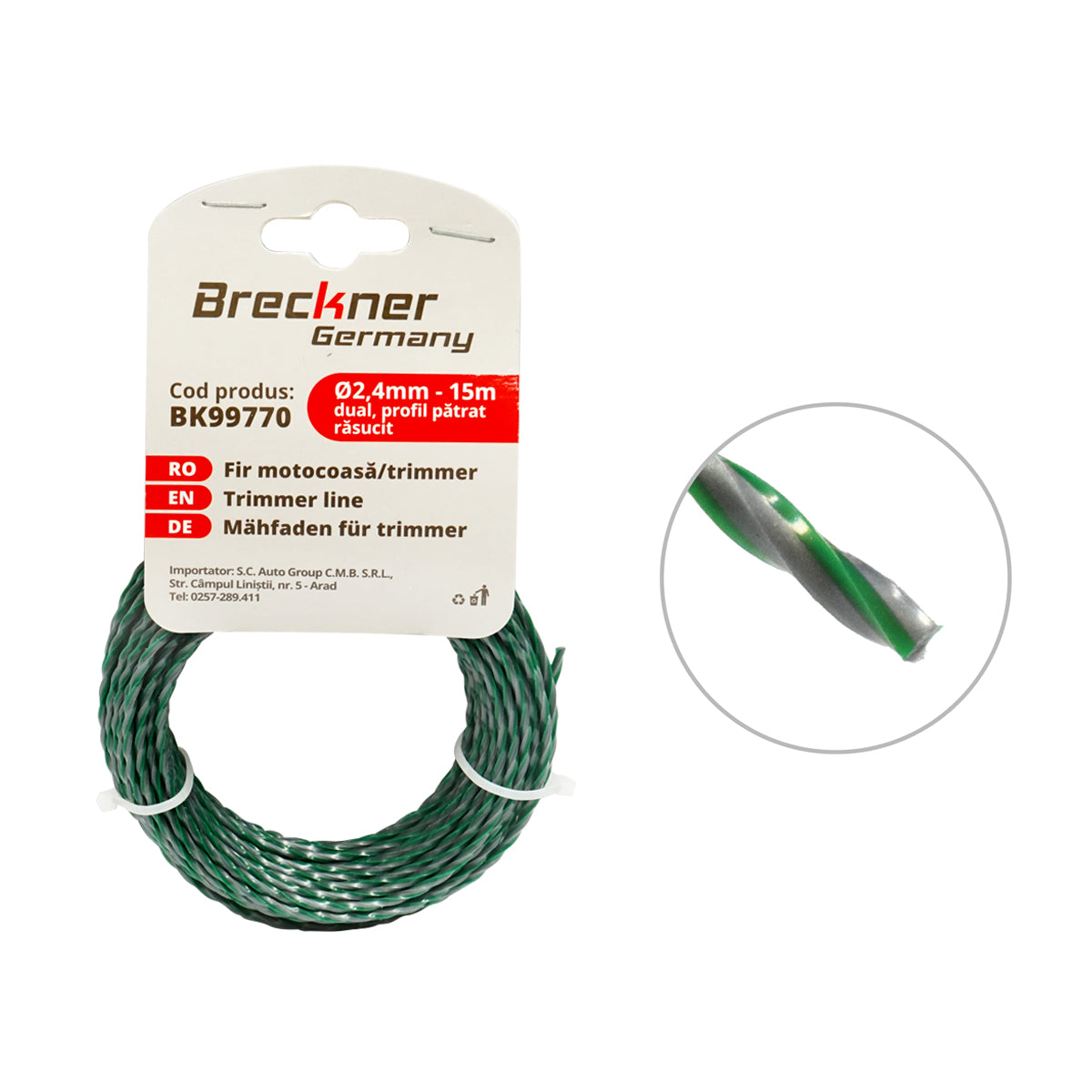 Csavart négyzet alakú fűkasza damil 2.4mmx15m Breckner Germany