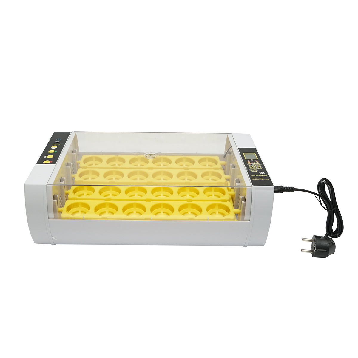 Automatikus keltető 24 tojás 60W, 220V, automatikus forgatással, hőmérséklet-szabályozással, páratartalom-szabályozással, digitális kijelzővel, LED megvilágítású tálcával.