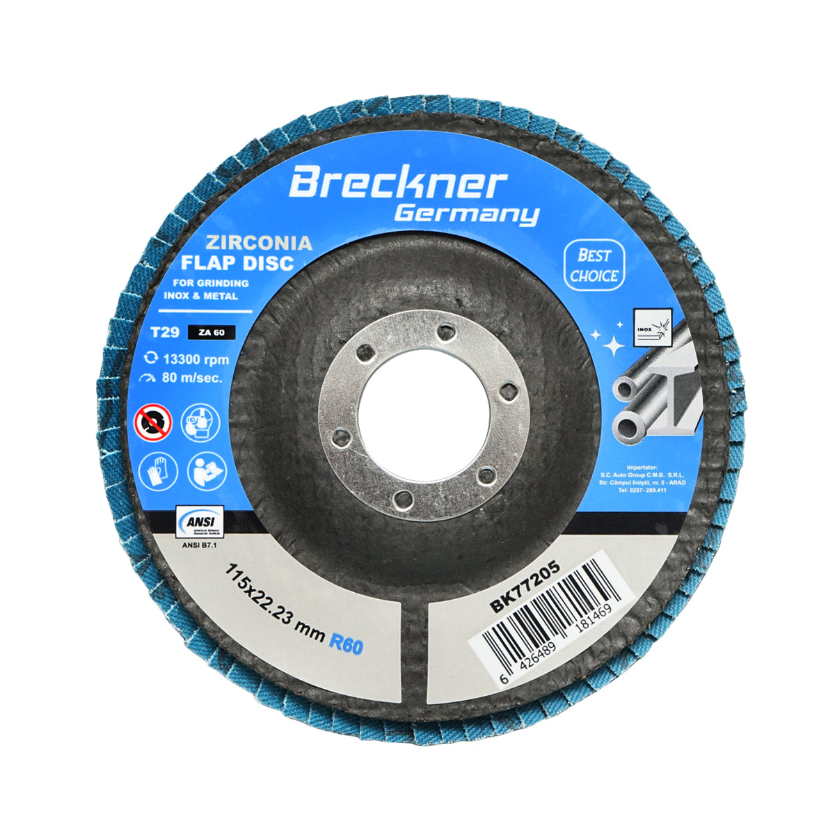 Cirkónium-dioxid csiszolókorong fémhez és rozsdamentes acélhoz P60, 115mm Breckner Germany
