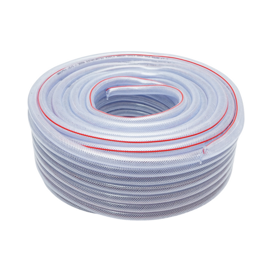 Átlátszó PVC kerti tömlő 1/2 inch (13mm), PN7 rúd fonott textilbetéttel, FDA tanúsítvánnyal élelmiszeripari felhasználásra 50m/tekercs