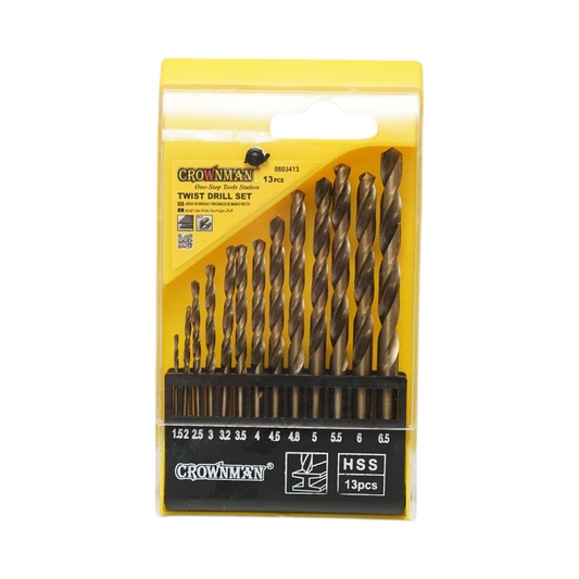 13 darabos HSS 1,5-6,5 mm-es DIN 338 HSS 1,5-6,5 mm-es hengeres szárú csavarfúró készlet fémhez Crownman