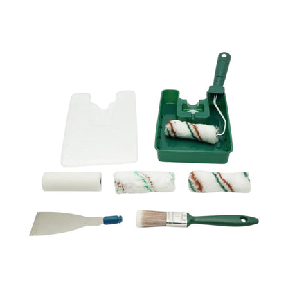 Festés és meszelés szett 10cm-es sablonnal, 2 poliészter henger, 1 mikroszálas henger, 1 szivacs henger, 25mm-es ecset, spatula, 8 részes festéktálca Breckner Germany
