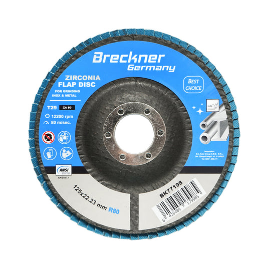 Cirkónium-dioxid csiszolókorong fémek vágásához és polírozásához, rozsdamentes acél P80, 125mm Breckner Germany