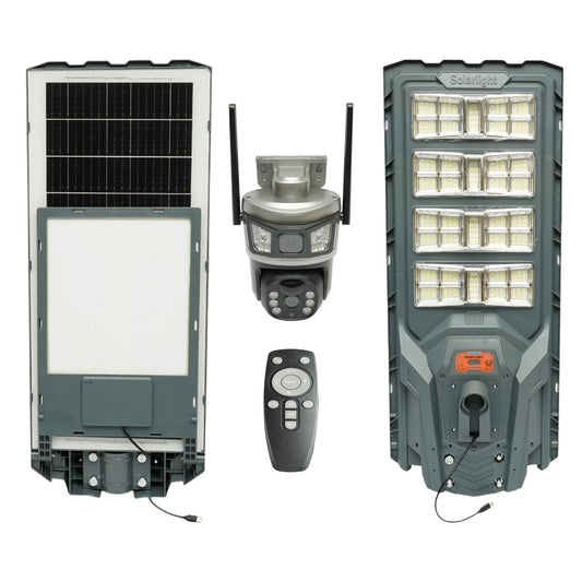 Napelemes LED közvilágítási lámpa 800W kettős 3MP Wi-Fi felügyeleti kamerával, 40W napelem, 30000mAh LiFePO4 akkumulátor, PTZ 360, éjszakai látás, PIR Ai érzékelés, V380 Pro alkalmazás