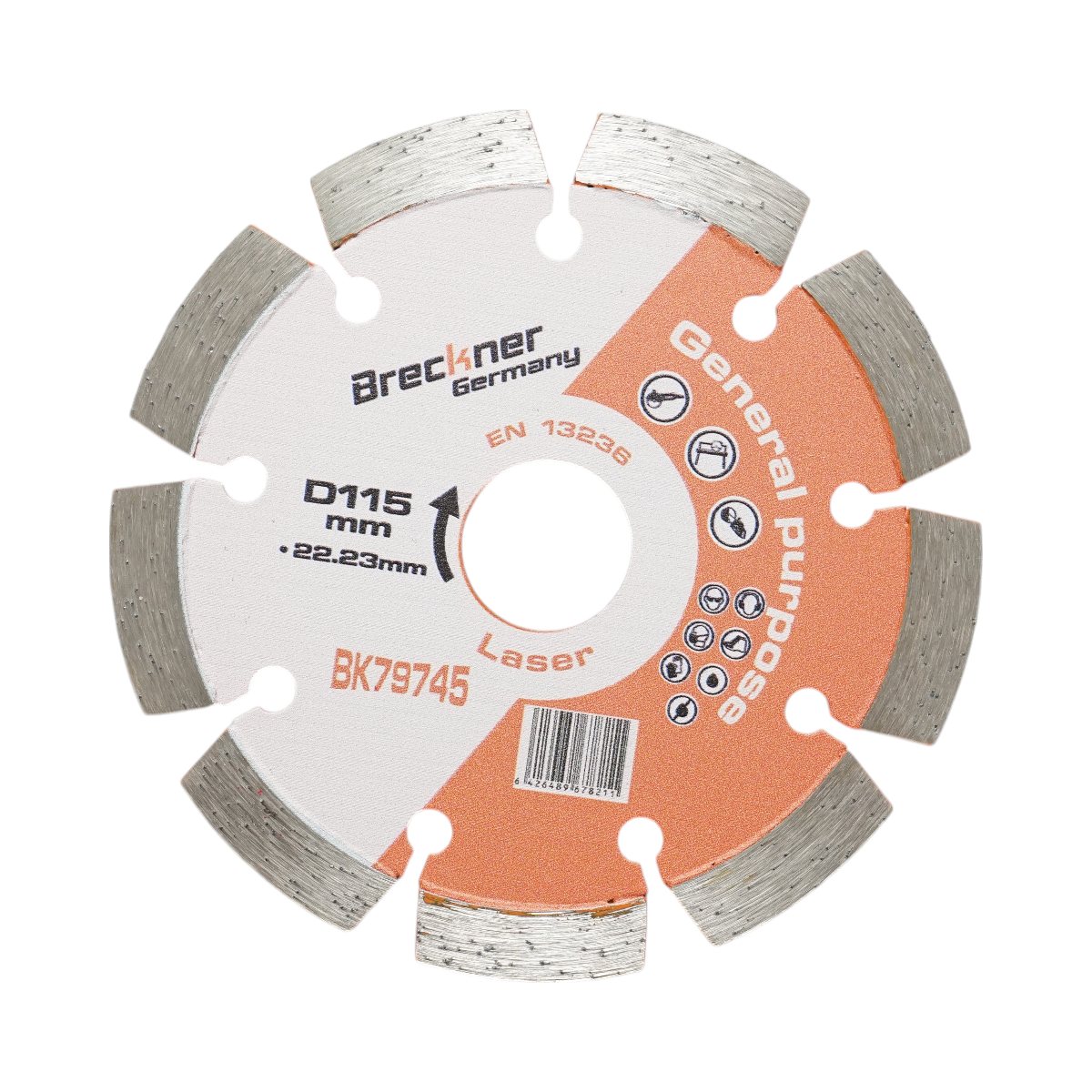 Gyémánt szegmentált tárcsa 115x22.23mm, szegmens 10mm téglához, betonhoz, falazathoz, falazathoz, csavarokhoz, kőhöz Breckner Germany